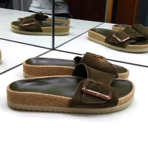 VINCE GRANT OLIVE SUEDE ESPADRILLE SLIDE SANDALS 9